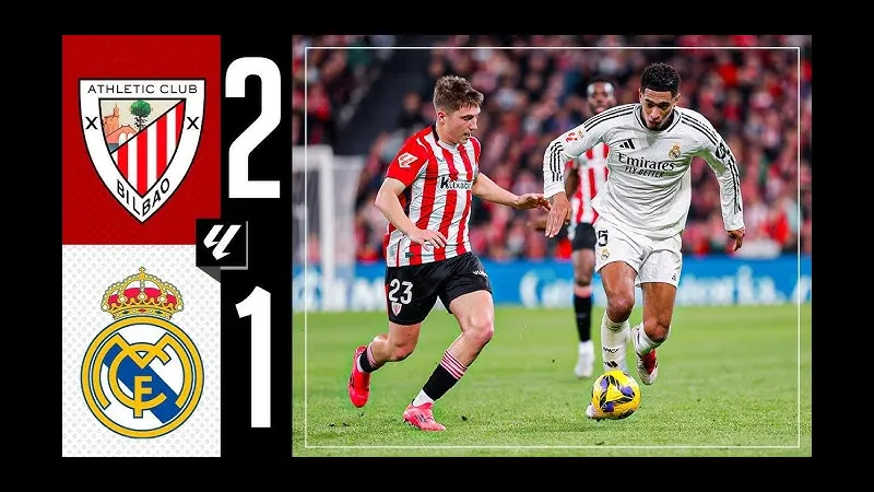 Cầu thủ của Athletic Bilbao dùng kỹ thuật đánh đầu ghi bàn trong trận đấu với Real Madrid